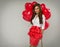 Beautiful woman with red balloon heart