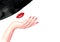 Beautiful woman with red lips, black hat, hand with red manicure nails