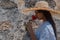 Beautiful woman with a red rose. Retro fashion image