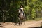 Beautiful woman riding gray horse in the forest