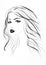 Beautiful woman`s face with long wavy hair, black and white vector illustration