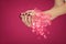 Beautiful woman`s hands with perfect pink nail polish holding flamingo lights into camera