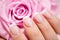 Beautiful woman\'s nails with french manicure and rose