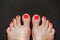 Beautiful woman& x27;s red nails with beautiful pedicure. Female feet with bright pedicure on black background. Autumn