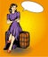 Beautiful woman sit on a bag. Vector illustration in comic retro pop art style. Speech bubble