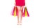beautiful woman slender legs. Asian girl holding a paper shopping bag.