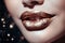 Beautiful Woman smile glitter lipps closeup withe teeth on abstract background with blurred lights illustration generative ai