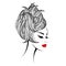 Beautiful woman with sophisticated hairstyle bun and bold, shiny makeup.