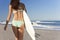 Beautiful Woman Surfer In Bikini Surfboard Beach