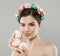 Beautiful Woman with Sweets and Flowers