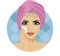 Beautiful woman with towel around her head cleaning her face with sponge