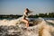 Beautiful woman wakesurfer skilfully riding on splashing wave on a warm day