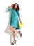 Beautiful woman walking running in light blue fashion body dress cloth