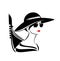 Beautiful woman wearing hat and sunglasses with venetian gondola boat black vector portrait