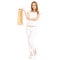 Beautiful woman in white t-shirt and jeans in hand package bag