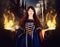 Beautiful woman witch in fantasy medieval dress. Fire magic