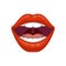 Beautiful women lip, great design for any purposes. Female lip with red lipstick. Open mouth with teeth.
