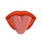 Beautiful women lip, great design for any purposes. Female lip with red lipstick. Tongue out. Fashion, style beauty