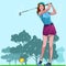 Beautiful women playing golf on vacation Illustration vector On pop art comic style Natural colorful background