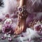 Beautiful women\\\'s legs with flowers and jewelry. The concept of spa, organic skin care. Female legs in petals
