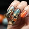 Beautiful women\\\'s nail models with colorful nail polish and beautiful flower patterns have a glamorous impression