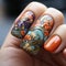 Beautiful women\\\'s nail models with colorful nail polish and beautiful flower patterns have a glamorous impression