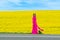 Beautiful women walking in amazing field of yellow rapeseed in the countryside. Canola oil plants