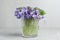 Beautiful wood violets in glass cup on grey table. Spring flowers