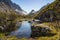 Beautiful wooded valley with stream in Lofoten Islands, Norway