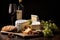 A beautiful wooden board topped with a variety of delicious cheeses and accompanied by a glass of wine, An assortment of cheese