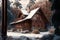 beautiful wooden cottage with windows in forest among trees exterior of the winter chalet