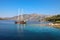 Beautiful wooden sailboat anchored off the coast of Ithaca island, Ionian sea, Greece