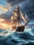 Beautiful wooden sailing ship battles fiercely against towering waves in a turbulent sea