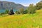 Beautiful wooden stave church on fjords