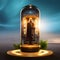 Beautiful world inside a corked glass bottle . Concept of protection, security, insurance. Digital illustration. CG