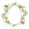 Beautiful wreath of field daisies on a white background with a plate in the form of an egg.