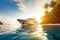 Beautiful yacht against the backdrop of tropical island with palms at sunset in the evening sky. Created with generative Ai