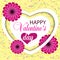 Beautiful yellow background Valentines day with heart and paper flowers and confetti. Vector