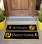 Beautiful Yellow and black Arrivals and Departures Outdoor Door mat with foot step Outside home with 2 flower pot