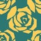 Beautiful yellow and green seamless pattern in roses with contours. Hand-drawn contour lines and strokes. Perfect for background