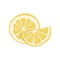 Beautiful yellow juicy slice of fresh lemon. Round and semicircular pieces of sour citrus. Ingredient and addition to tea