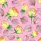 Beautiful yellow and red roses and leaves on pink background. Seamless floral pattern. Watercolor painting.