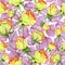 Beautiful yellow and red roses and leaves on white background. Seamless floral pattern. Watercolor painting.