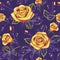 Beautiful yellow roses pattern tile seamless repeat texture with leafs and buds, vector illustration romantic mood purple green
