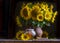 beautiful yellow Sunflower still life bouquet in a clay jug ceramic rustic style oil honey Dark photo background wooden table