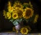 beautiful yellow Sunflower still life bouquet in a clay jug ceramic rustic style oil honey Dark photo background wooden table