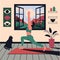 Beautiful yoga woman at home. Young yoga girl stretches indoor. Female character does meditation practice in room with black cat.