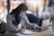 Beautiful young asian business woman working behind a desk