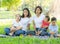 Beautiful young asian parent family portrait picnic in the park