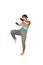 Beautiful young Asian white girl practice Muay Thai boxing by kicking at sport fitness club on isolated with clipping path.